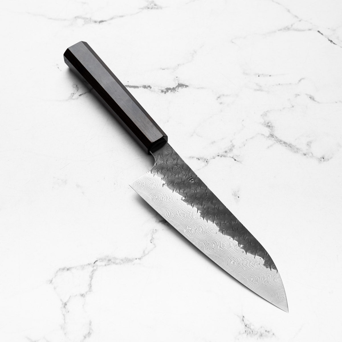 Nigara Hamono SGSTRIX Kurouchi Tsuchime Damascus Santoku 180mm - Mono Ebony