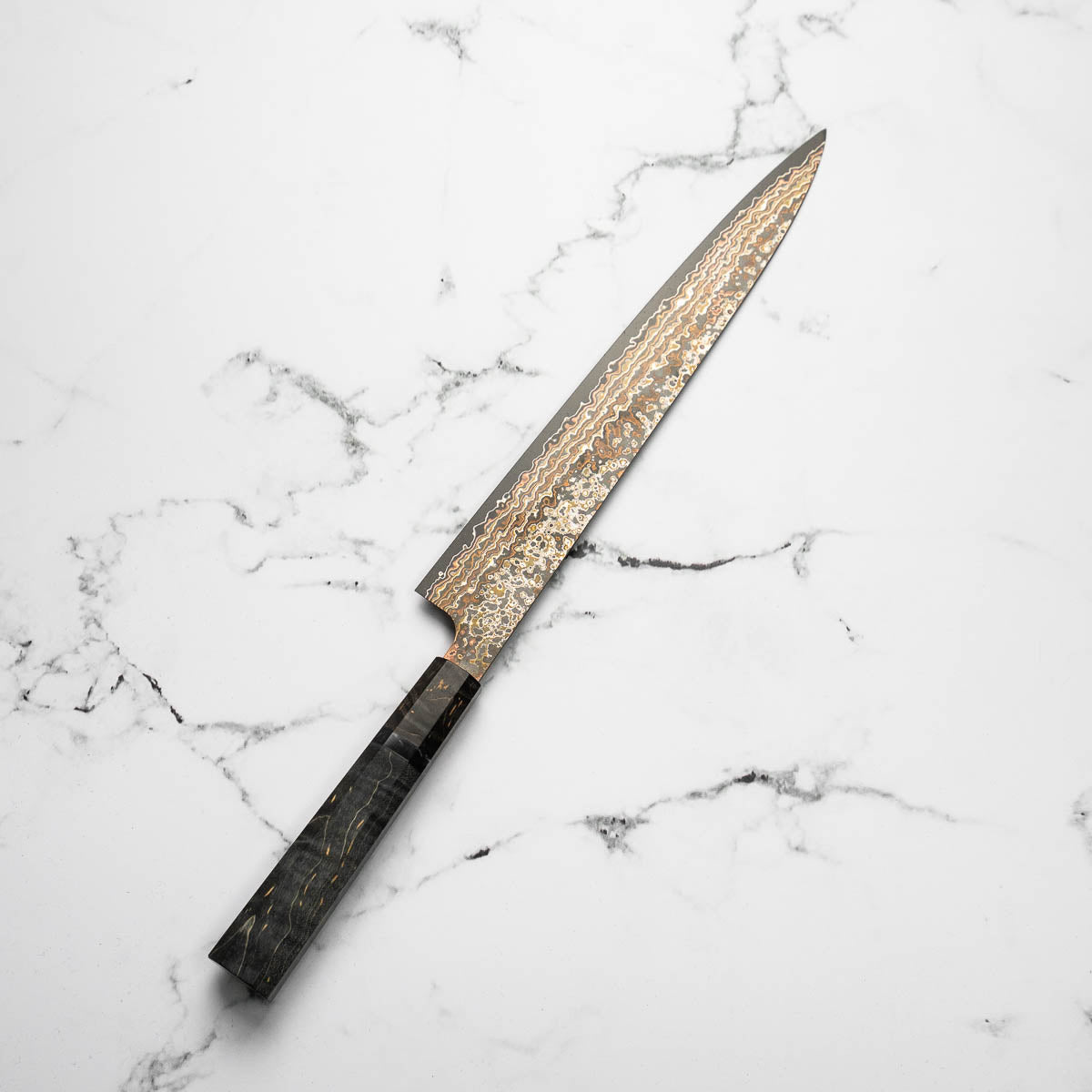 Takeshi Saji VG10-W Nashiji Rainbow Damascus Sujihiki 270mm - Dark Maple