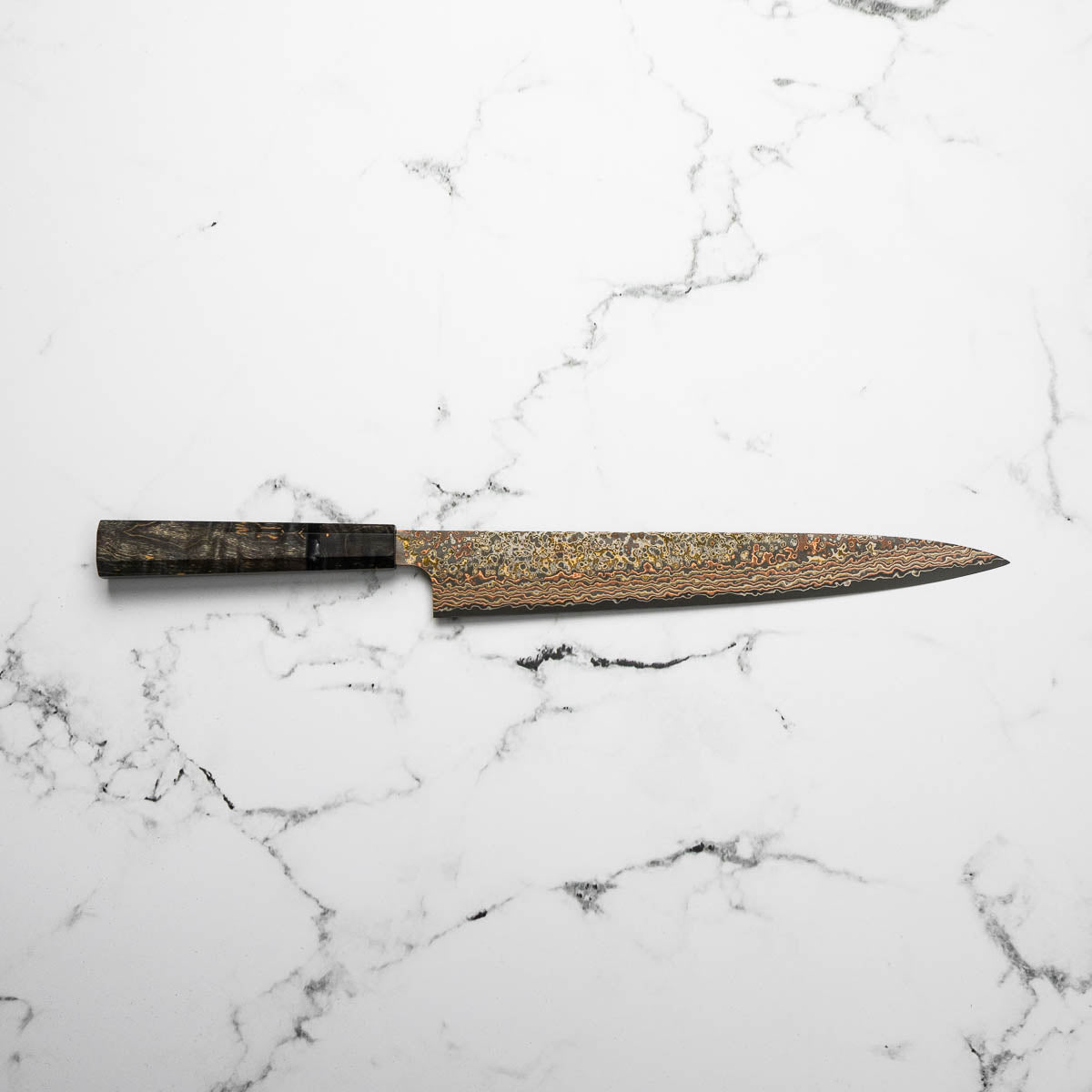 Takeshi Saji VG10-W Nashiji Rainbow Damascus Sujihiki 270mm - Dark Maple