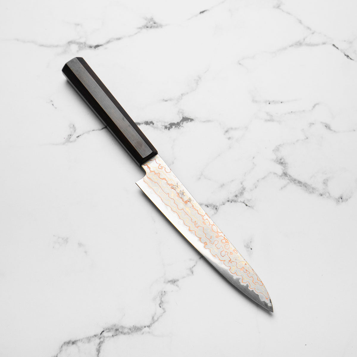 初心HATSUKOKORO 青二鋼 レインボーダマスカス　ペティ15cm黒檀柄 Hatsukokoro Hayabusa Blue 2 Rainbow Damascus Petty 150mm - Ebony