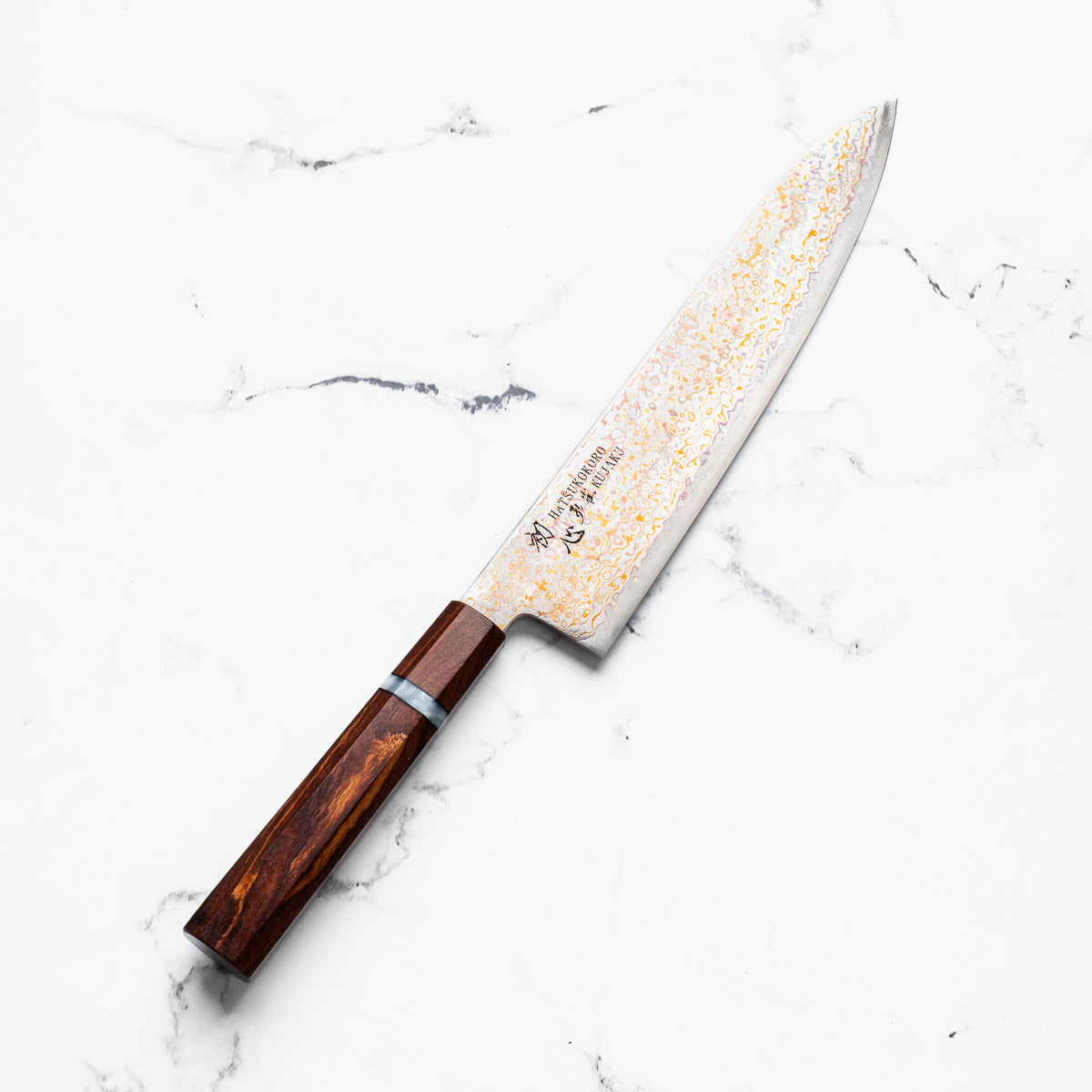 Hatsukokoro Kujaku V-Toku 2 Rainbow Damascus Gyuto 210mm - Sandalwood