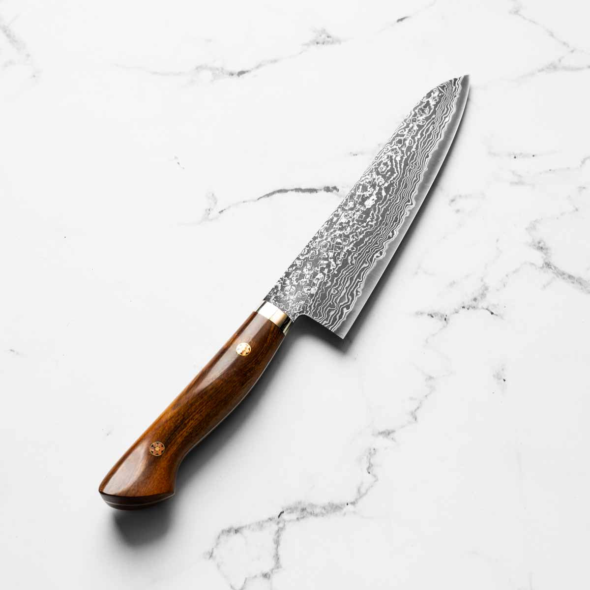 Shigeki Tanaka R2 Damascus Gyuto 180mm - Western Ironwood - angled view