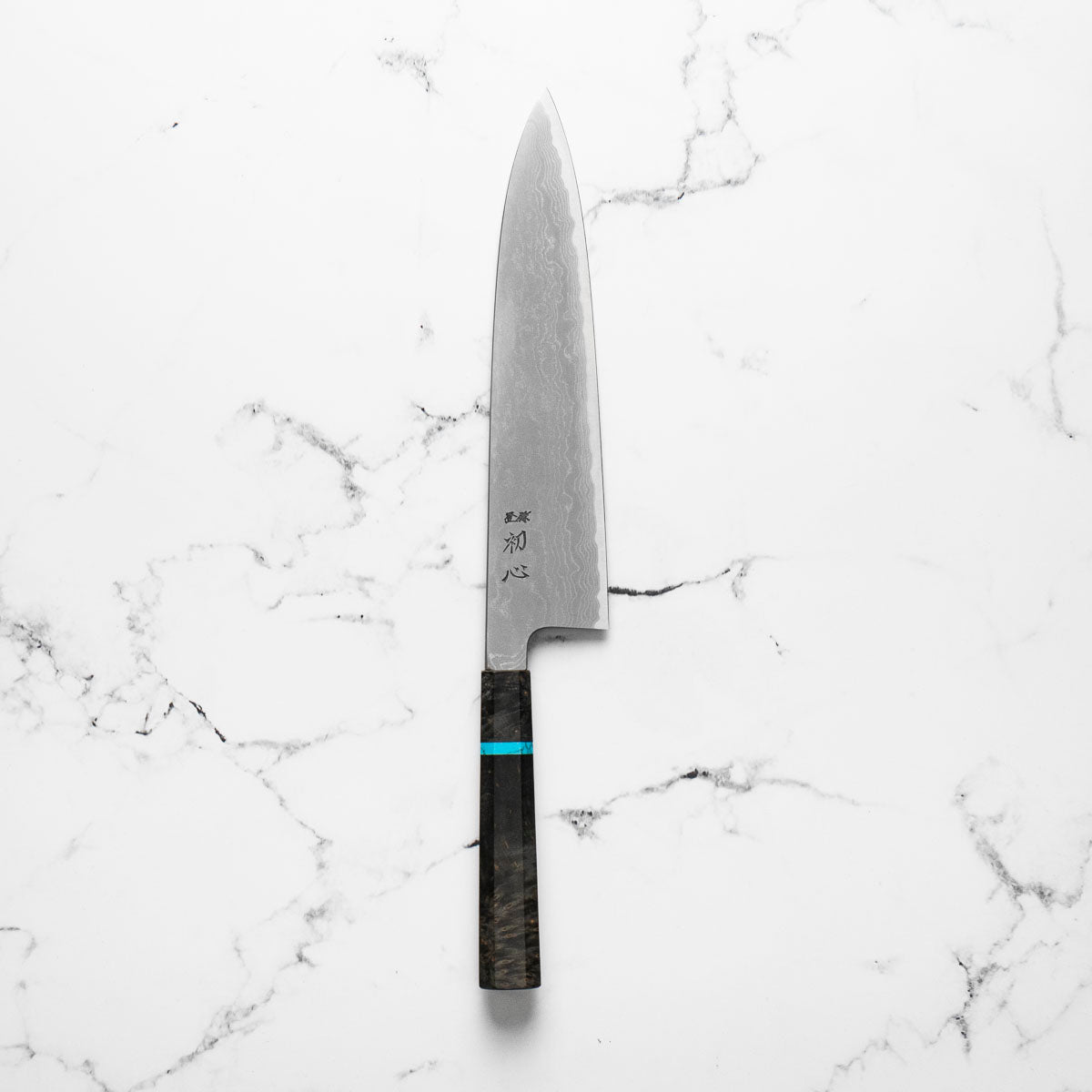Hatsukokoro Blue 1 Damascus Gyuto 240mm - Turquoise - blade detail