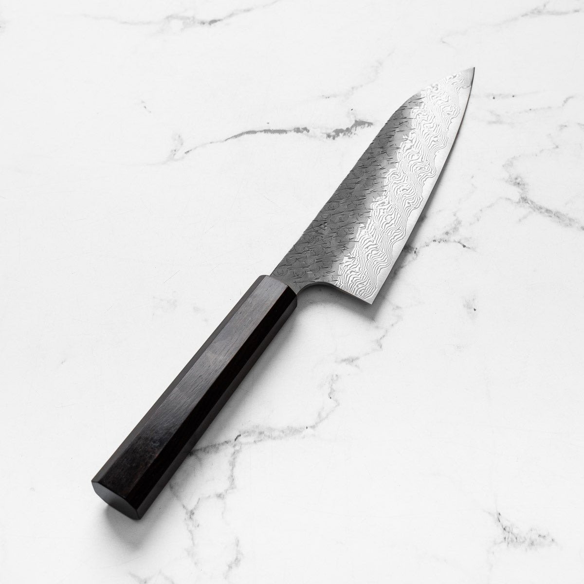 Nigara Hamono SGSTRIX Kurouchi Tsuchime Damascus Santoku 180mm - Mono Ebony
