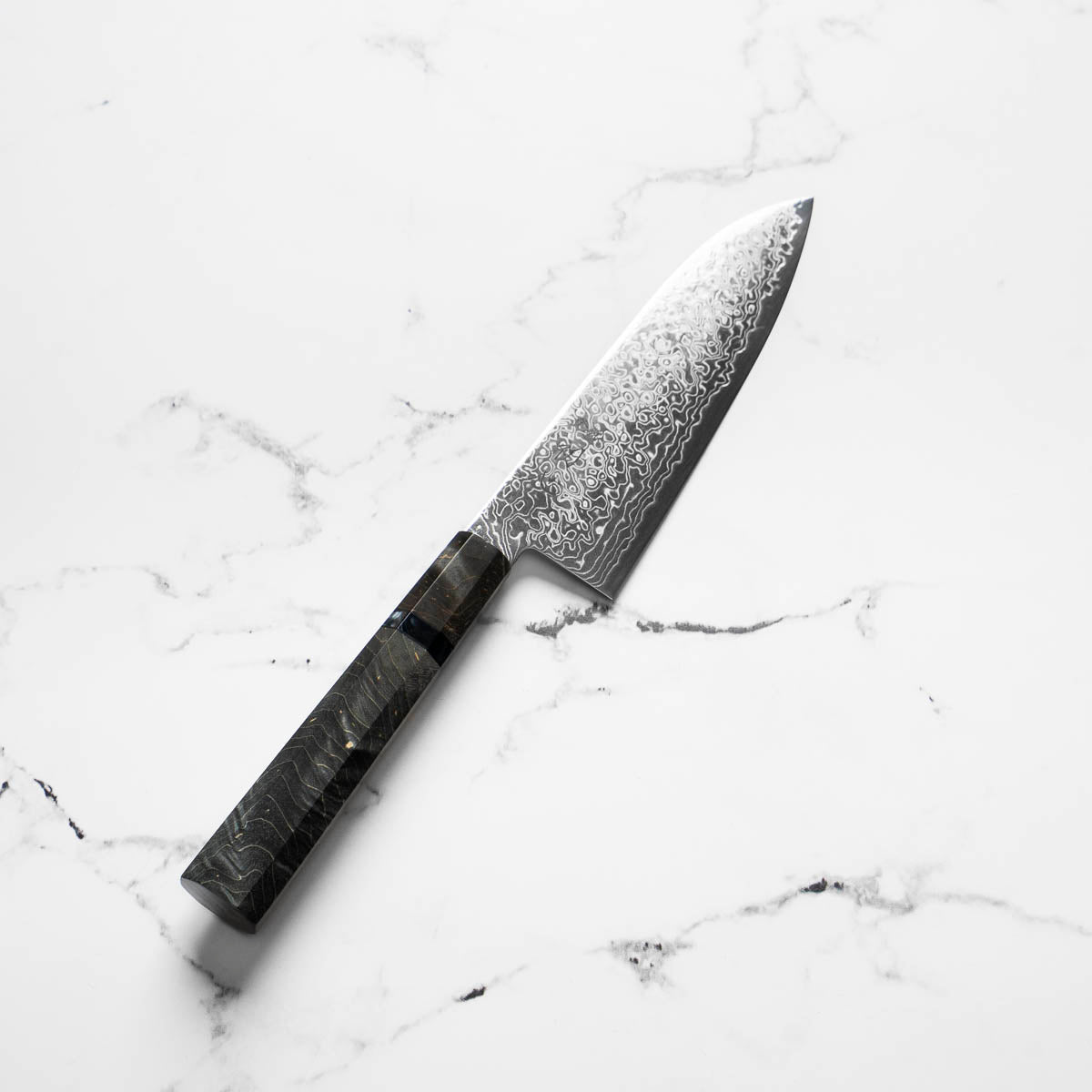 Hatsukokoro Ryuhyo SG2 Damascus Santoku 180mm -  Dark Maple - angled view