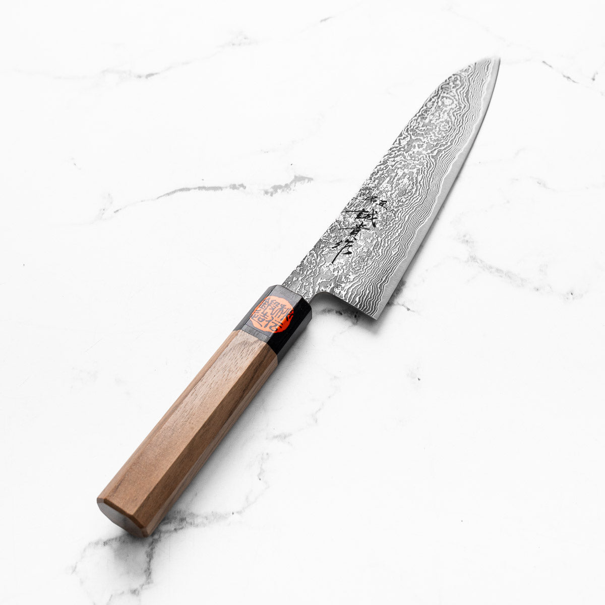 Shigeki Tanaka R2/SG2 Black Damascus Gyuto 180mm - angled view