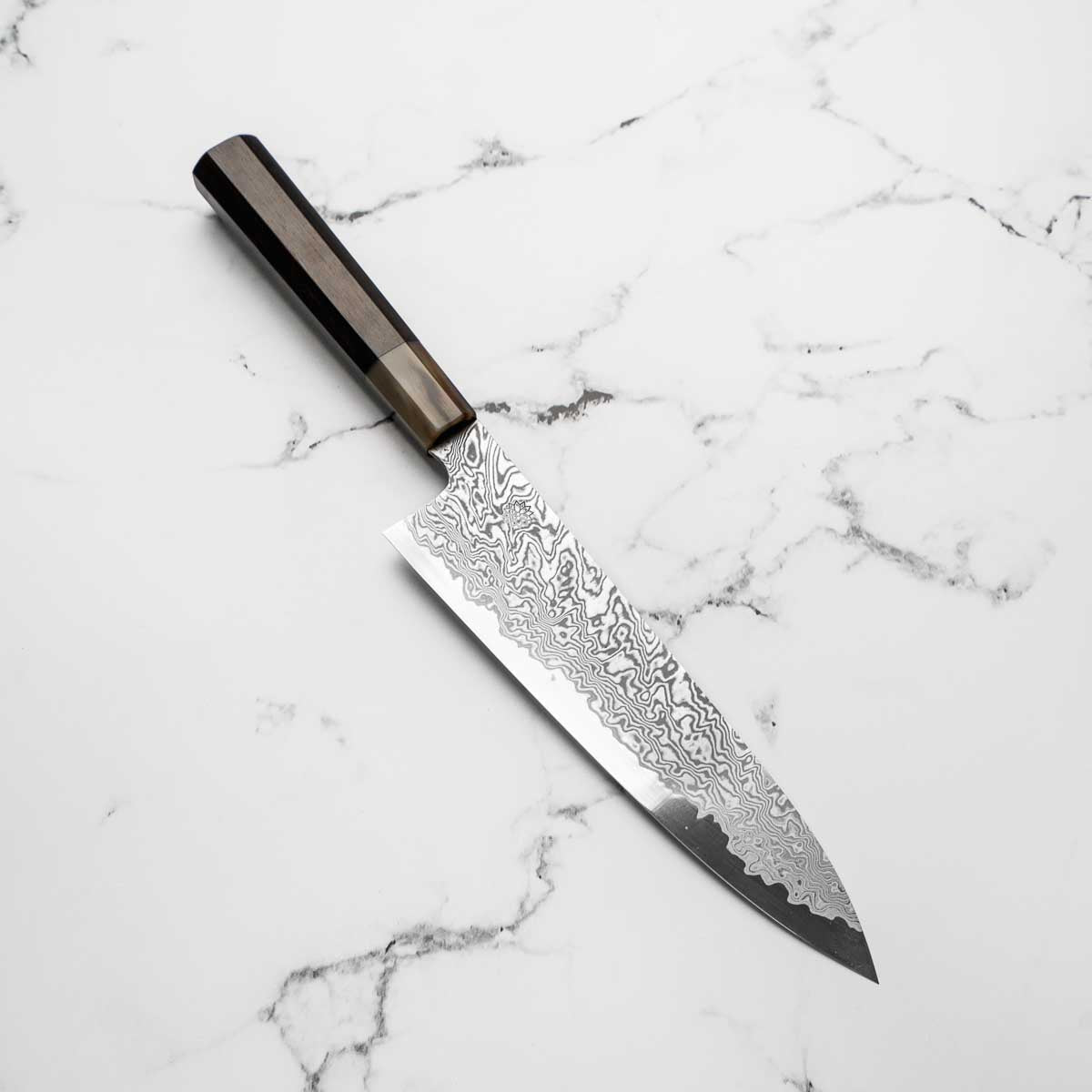 Sakai Kikumori "Minamo" ATS34 Damascus Gyuto 210mm - Ebony & Blonde