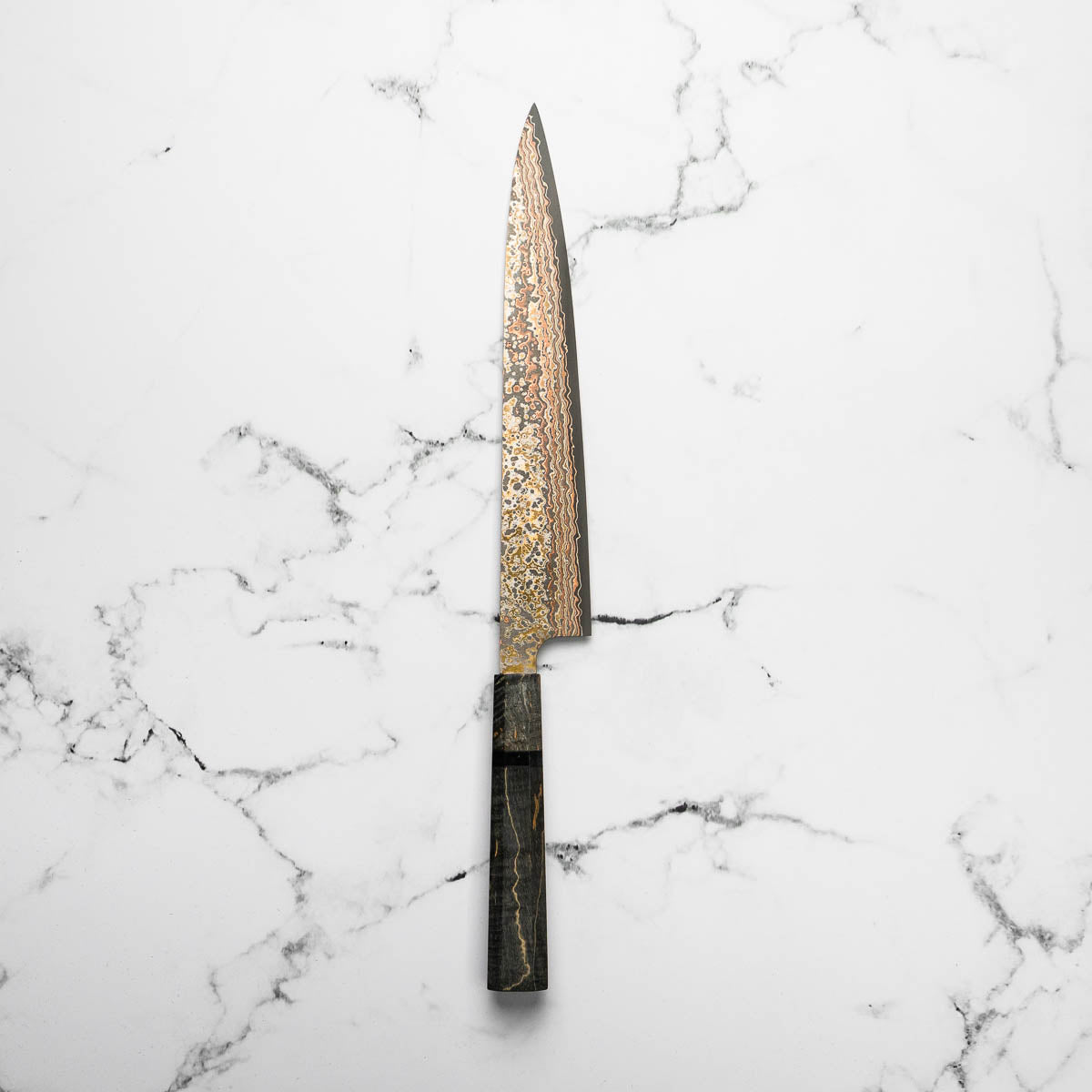 Takeshi Saji VG10-W Nashiji Rainbow Damascus Sujihiki 240mm - Dark