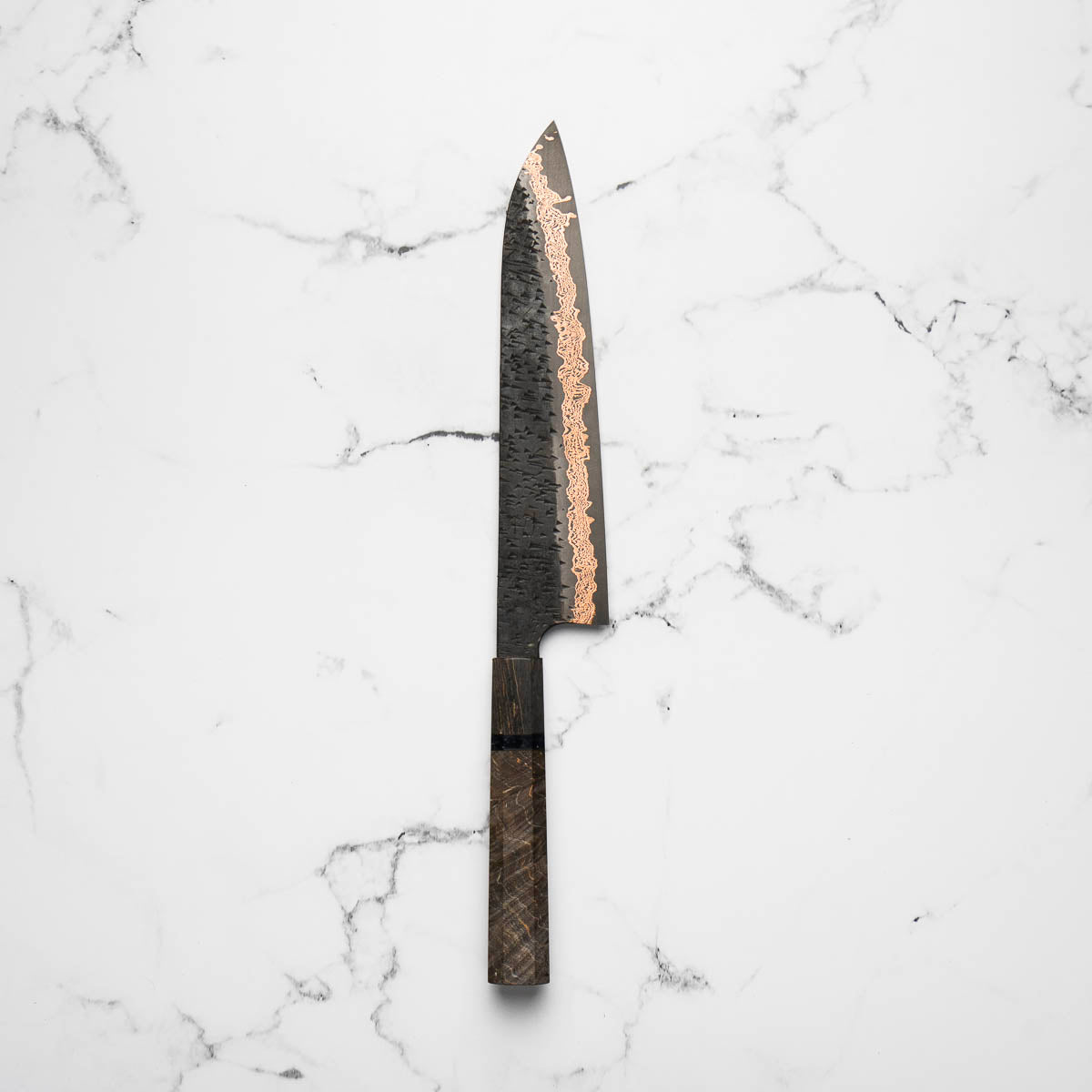 Hatsukokoro Yorokobi Kurouchi SLD Damascus Tsuchime Gyuto 240mm - Dark Maple