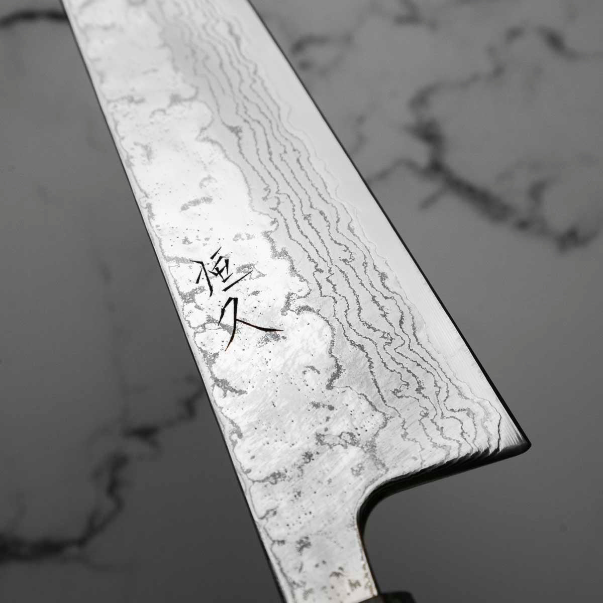 Tsunehisa 440C Damascus Tsuchime Kiritsuke 210mm - Dark Maple