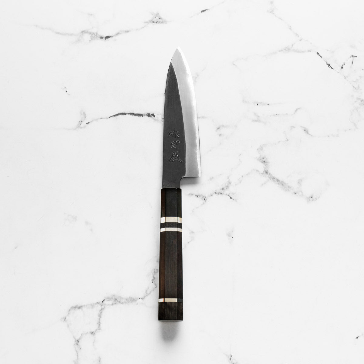Mutsumi Hinoura Ajikataya White 2 SS Clad Petty 135mm - Ebony w/ Double Black Horn (3 rings)