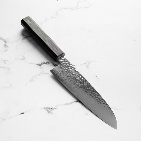 Touroku Sakai Kagayaki VG10 Damascus Tsuchime Santoku 170mm