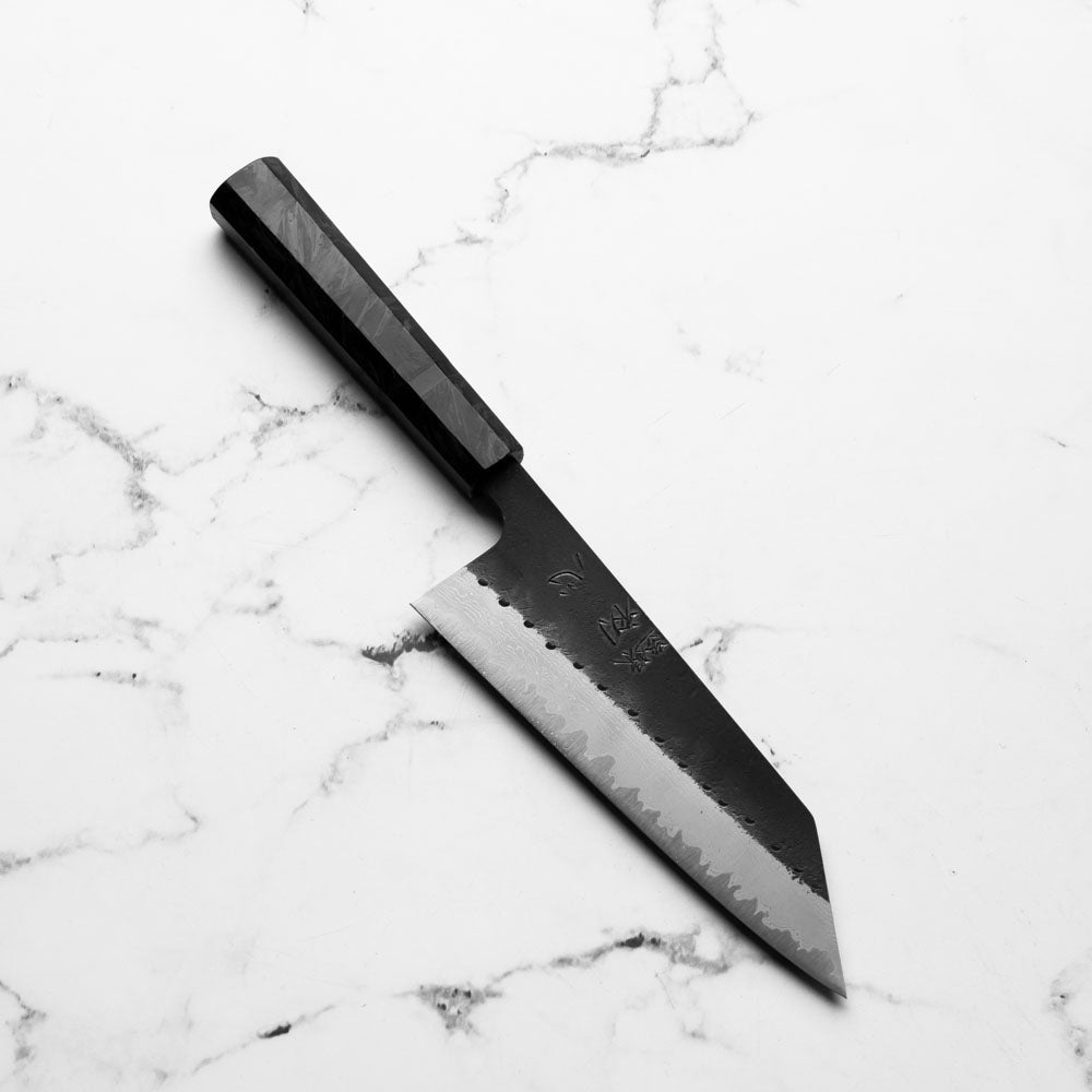Hatsukokoro Shinkiro Blue Super Damascus Kurouchi Bunka 165mm - Dark Carbon Fibre