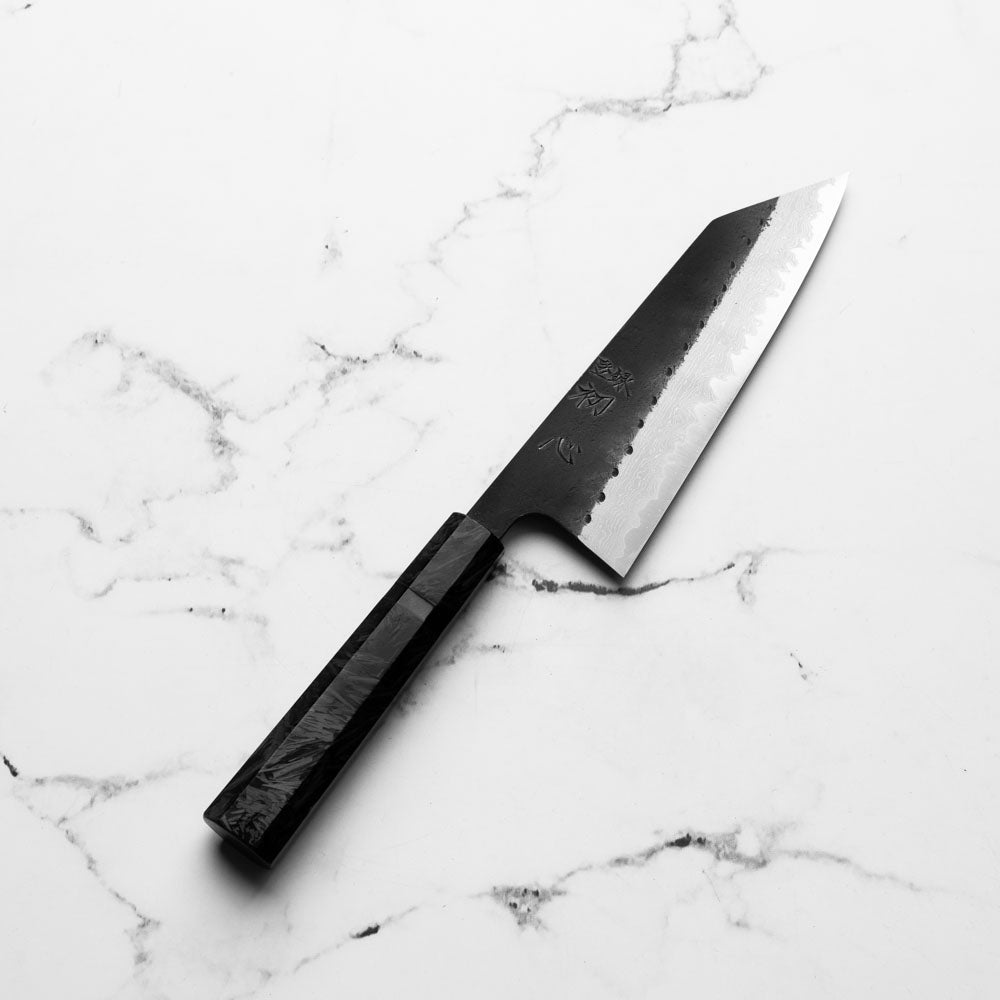 Hatsukokoro Shinkiro Blue Super Damascus Kurouchi Bunka 165mm - Dark Carbon Fibre