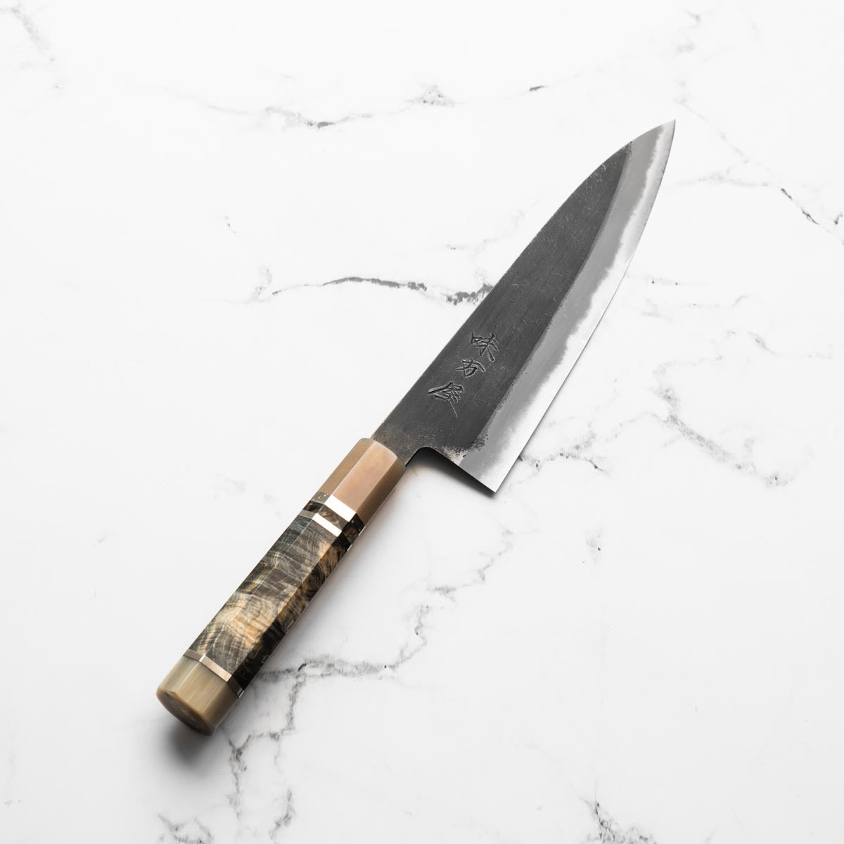 Mutsumi Hinoura Ajikataya White 2 Gyuto 210mm - Maple & Double Blonde - angled view