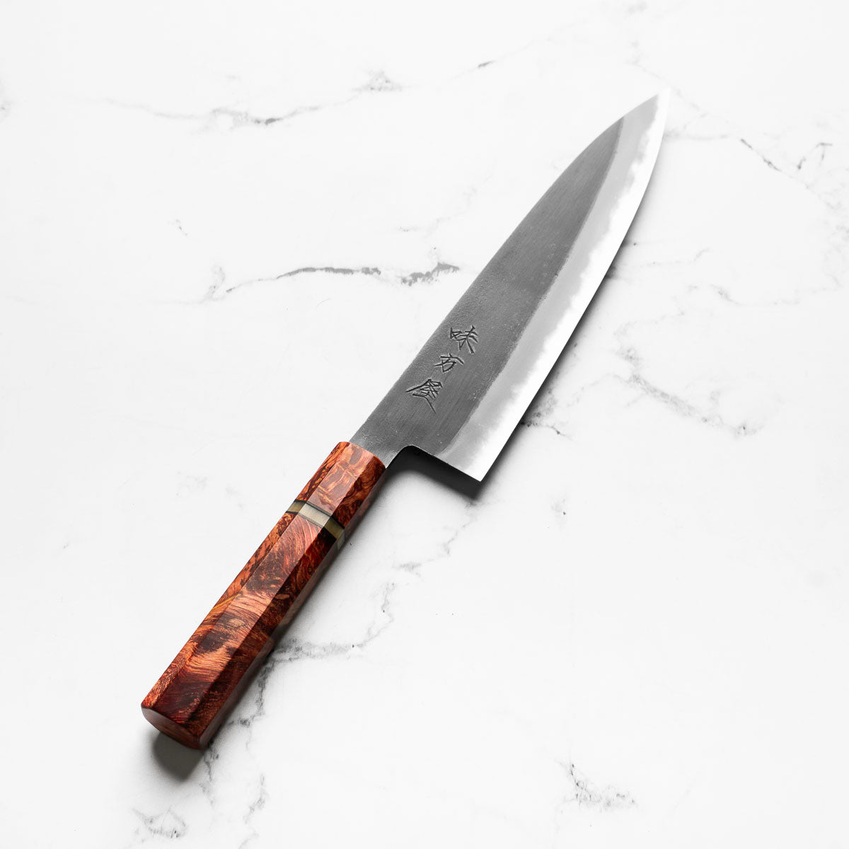 Mutsumi Hinoura Ajikataya White 2 Gyuto 210mm - Resin (Red) - angled view