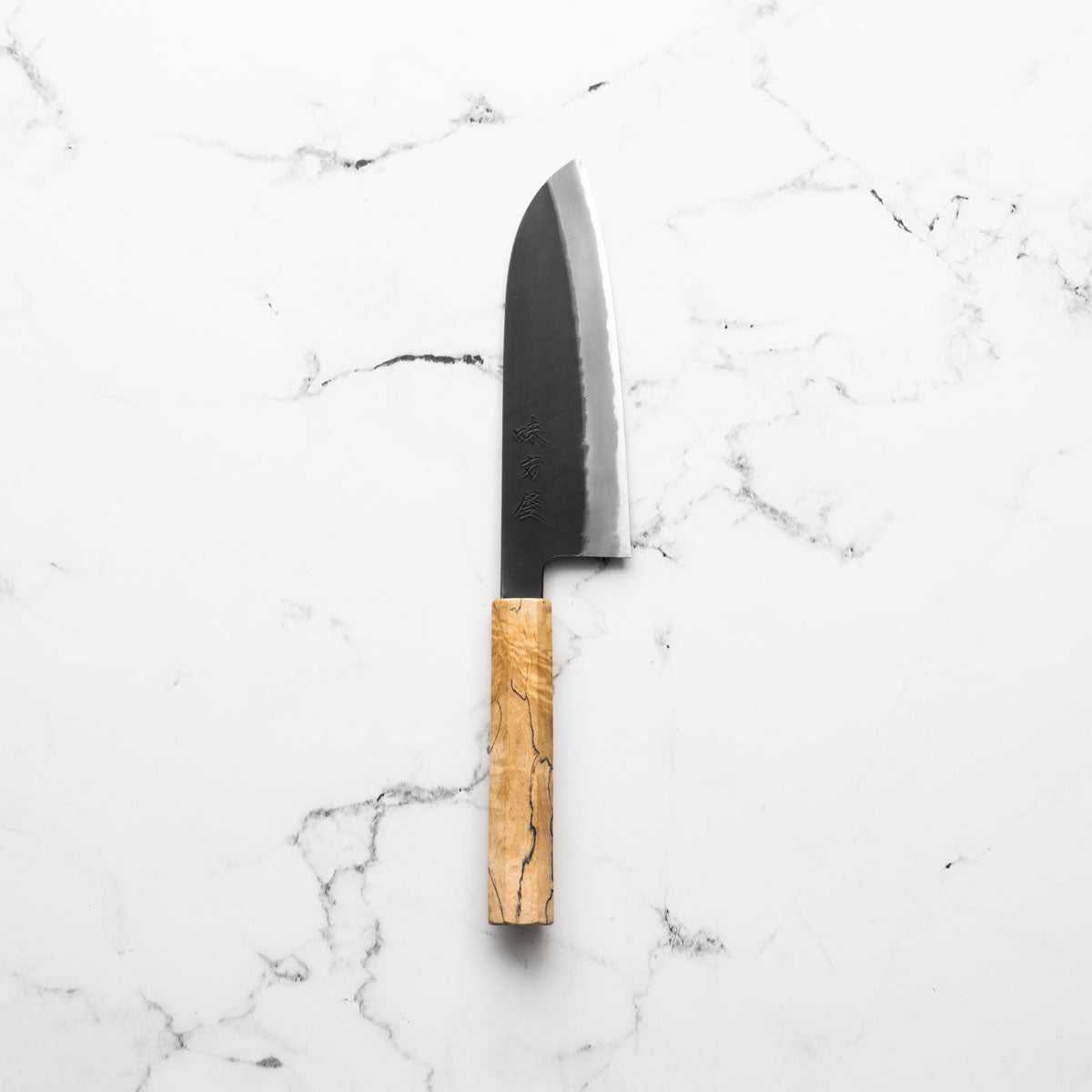 Mutsumi Hinoura Ajikataya White 2 Santoku 165mm - Spalted Maple - blade detail