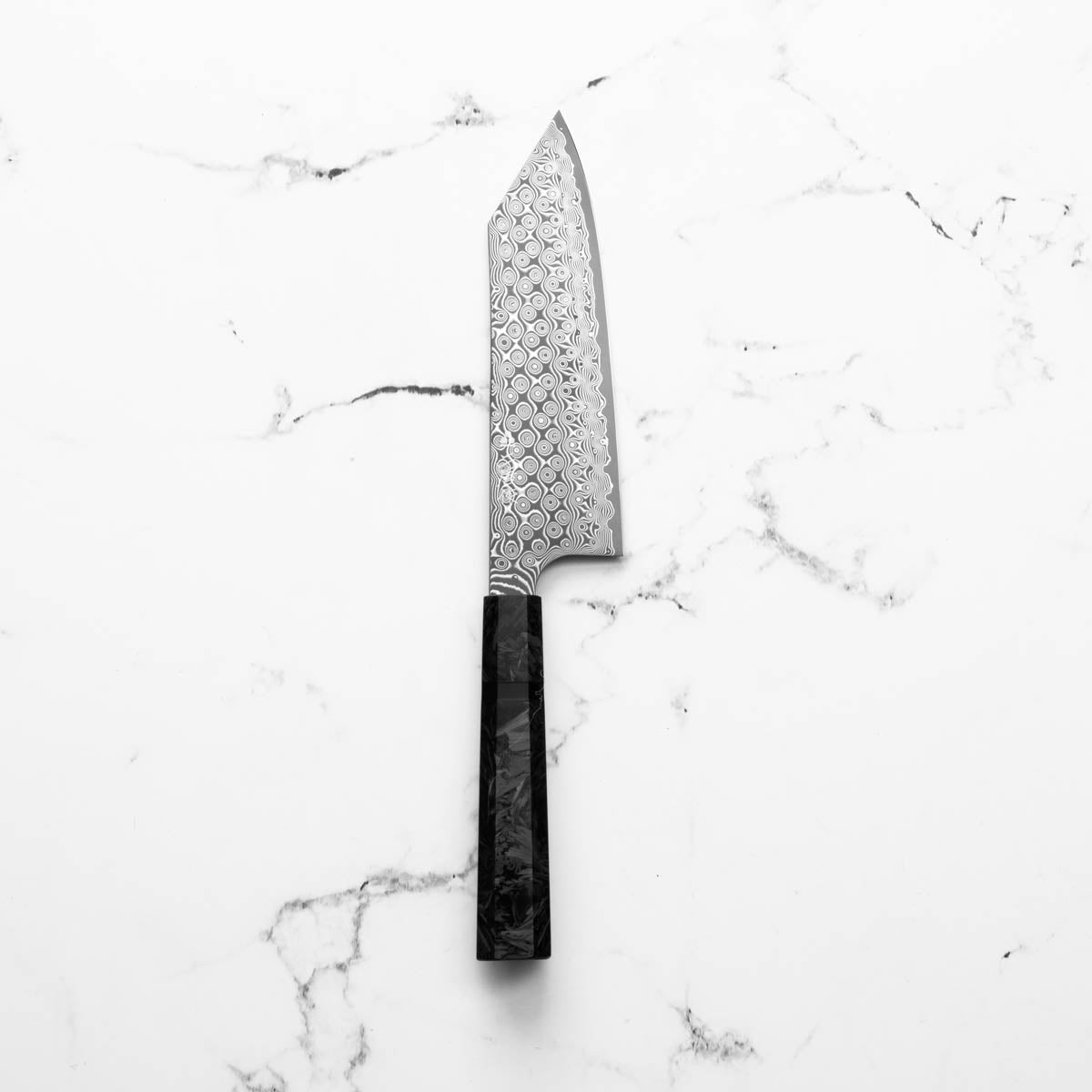Nigara Hamono "Anmon" SG2 Damascus Bunka 180mm - Dark Carbon Fibre - blade detail