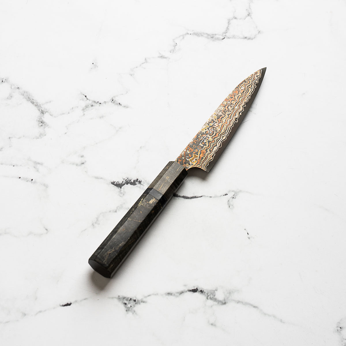 Takeshi Saji VG10-W Nashiji Rainbow Damascus Petty 135mm - Dark Maple